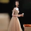 Charmant Champagner Ballkleider 2021 A Linie Off Shoulder Perlenstickerei Strass Pailletten Kurze Ärmel Rückenfreies Lange Festliche Kleider