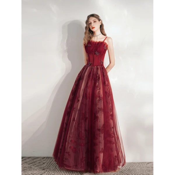 Chic / Beautiful Burgundy Prom Dresses Evening Dresses  2021 A-Line / Princess Spaghetti Straps Lace Butterfly Sequins Sleeveless Backless Floor-Length / Long Evening Party Formal Dresses