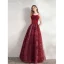 Chic / Beautiful Burgundy Prom Dresses Evening Dresses  2021 A-Line / Princess Spaghetti Straps Lace Butterfly Sequins Sleeveless Backless Floor-Length / Long Evening Party Formal Dresses