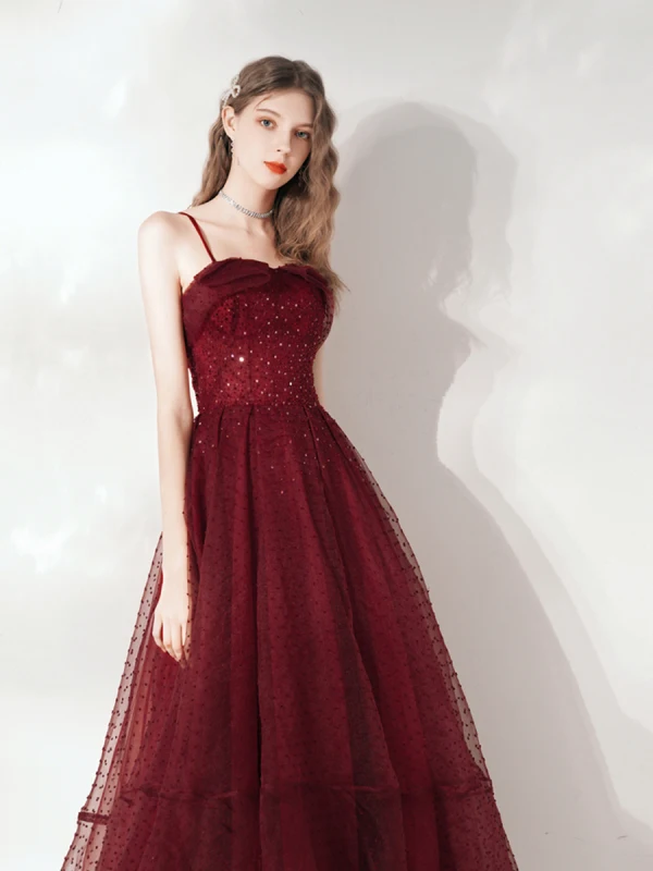Chic / Beautiful Burgundy Homecoming Prom Dresses Evening Dresses  Graduation Dresses 2021 A-Line / Princess Spaghetti Straps Beading Crystal Sequins Sleeveless Backless Floor-Length / Long Formal Dresses