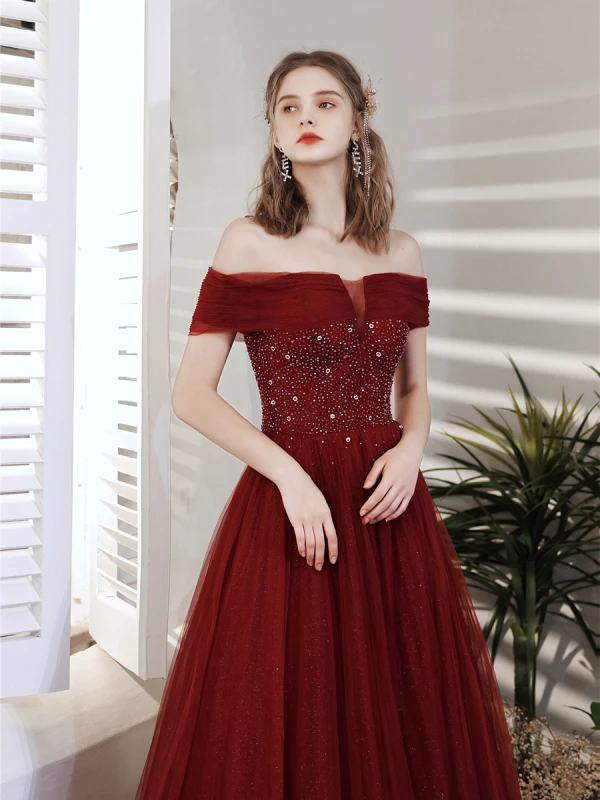 Chic / Beautiful Burgundy Prom Dresses 2021 A-Line / Princess Off-The-Shoulder Beading Crystal Sequins Short Sleeve Backless Floor-Length / Long Prom Formal Dresses