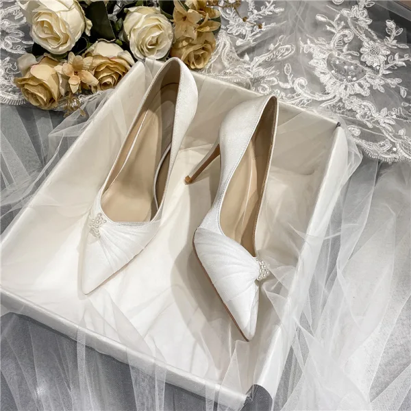 Elegant Ivory Satin Pearl Wedding Shoes 2021 8 cm Stiletto Heels Pointed Toe Wedding Pumps High Heels