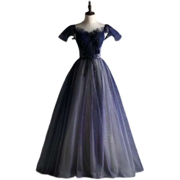 Vintage / Retro Navy Blue Glitter Prom Dresses 2021 A-Line / Princess Square Neckline Beading Crystal Short Sleeve Backless Floor-Length / Long Prom Formal Dresses