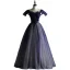 Vintage / Retro Navy Blue Glitter Prom Dresses 2021 A-Line / Princess Square Neckline Beading Crystal Short Sleeve Backless Floor-Length / Long Prom Formal Dresses