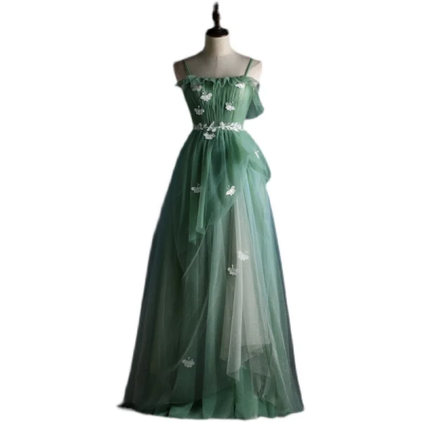 Chic / Beautiful Sage Green Prom Dresses 2021 A-Line / Princess Spaghetti Straps Lace Butterfly Sleeveless Backless Floor-Length / Long Prom Formal Dresses