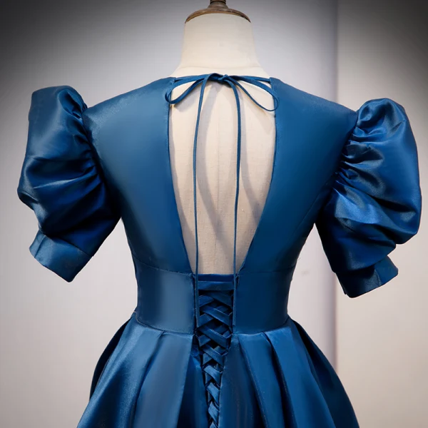 Vintage / Retro Royal Blue Satin Prom Dresses 2021 A-Line / Princess V-Neck Bell sleeves Backless Floor-Length / Long Prom Formal Dresses