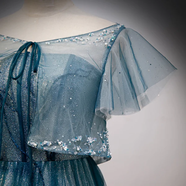 Charming Pool Blue Glitter Prom Dresses 2021 A-Line / Princess Scoop Neck Beading Sequins Short Sleeve Floor-Length / Long Prom Formal Dresses