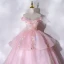 Elegant Candy Pink Prom Dresses 2021 Ball Gown Off-The-Shoulder Beading Pearl Rhinestone Lace Flower Sleeveless Backless Floor-Length / Long Prom Formal Dresses