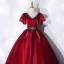 Classy Burgundy Prom Dresses 2021 Ball Gown V-Neck Crystal Rhinestone Short Sleeve Backless Floor-Length / Long Prom Formal Dresses