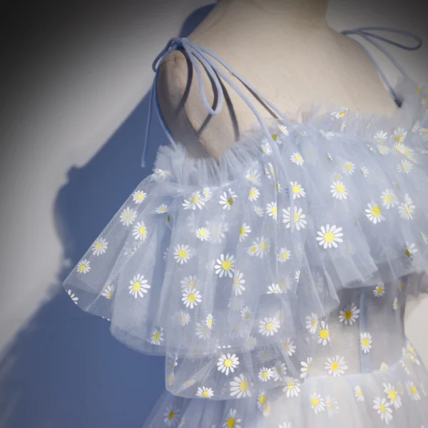 Fashion Sky Blue Flower Fairy Daisy Floral Prom Dresses 2021 A-Line / Princess Spaghetti Straps Short Sleeve Backless Sweep Train Prom Formal Dresses