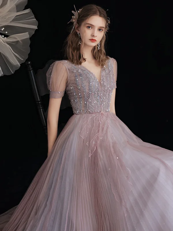 Luxury / Gorgeous Beading Sequins Lavender Evening Dresses  Prom Dresses 2021 A-Line / Princess Scoop Neck Short Sleeve Backless Floor-Length / Long Evening Party Formal Dresses
