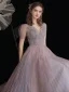 Luxury / Gorgeous Beading Sequins Lavender Evening Dresses  Prom Dresses 2021 A-Line / Princess Scoop Neck Short Sleeve Backless Floor-Length / Long Evening Party Formal Dresses