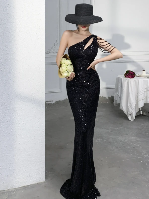 Sexy Scintillantes Noire Paillettes Robe De Soirée 2021 Trompette / Sirène Une épaule Perlage Sans Manches Dos Nu Longue Soirée Robe De Ceremonie