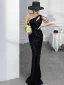 Sexy Scintillantes Noire Paillettes Robe De Soirée 2021 Trompette / Sirène Une épaule Perlage Sans Manches Dos Nu Longue Soirée Robe De Ceremonie