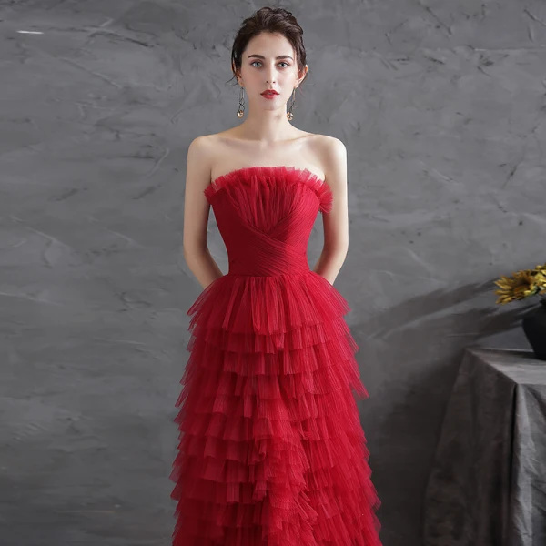 Sexy Red Pleated Evening Dresses  2021 A-Line / Princess Strapless Sleeveless Backless Evening Party Floor-Length / Long Formal Dresses