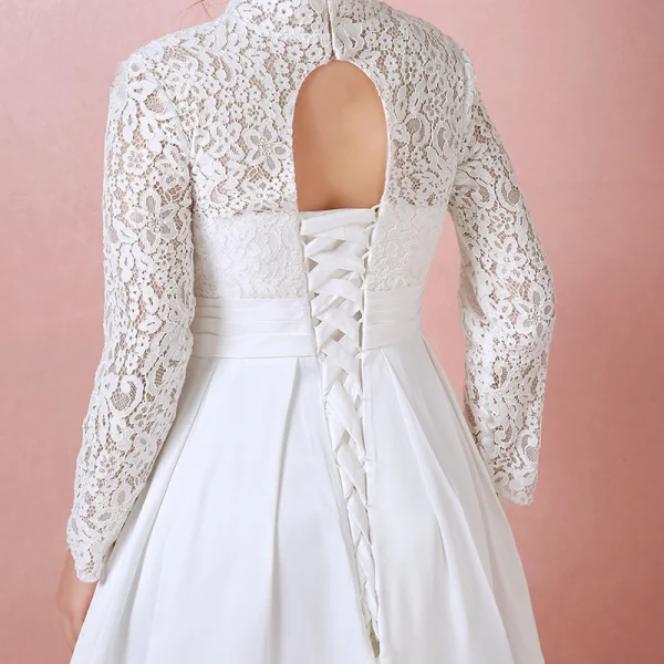 Modest / Simple Ivory Lace Flower Plus Size Wedding Dresses 2021 A-Line / Princess High Neck Long Sleeve Backless Floor-Length / Long Wedding