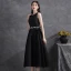 Chic / Beautiful Black Satin Homecoming Graduation Dresses 2021 A-Line / Princess Scoop Neck Rhinestone Sash Sleeveless Backless Bow Tea-length Formal Dresses