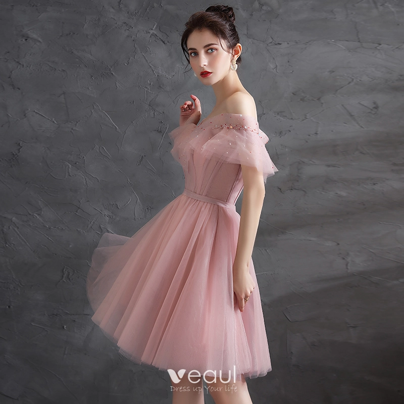 Cute Pink Off Shoulder Lace Short Homecoming Dresses, Graduation Dress,  PH394