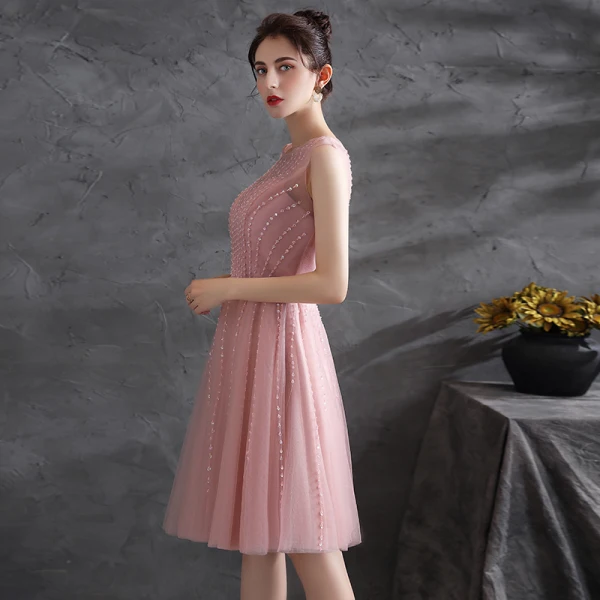 Chic / Beautiful Blushing Pink Sequins Cocktail Dresses Party Dresses 2021 A-Line / Princess Scoop Neck Sleeveless Sash Knee-Length Cocktail Party Formal Dresses