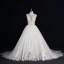 Chic / Beautiful White Ball Gown Wedding Dresses 2017 Scoop Neck Sleeveless Beading Rhinestone Covered Button Appliques Lace Flower Ruffle Tulle Sash Chapel Train