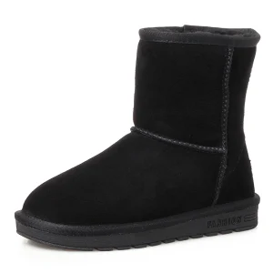 Modest Simple Womens Boots 2017 Black Leather Mid Calf Suede Casual Winter Flat Snow Boots