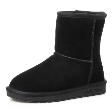 Simple Bottes Femme 2017 Noire Cuir Mi Mollet Daim Désinvolte Hiver Plate Bottes De Neige