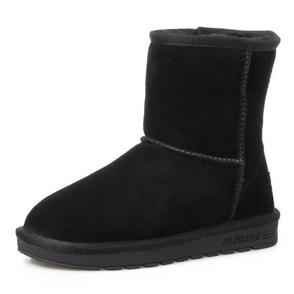 Modest / Simple Womens Boots 2017 Black Leather Mid Calf Suede Casual Winter Flat Snow Boots