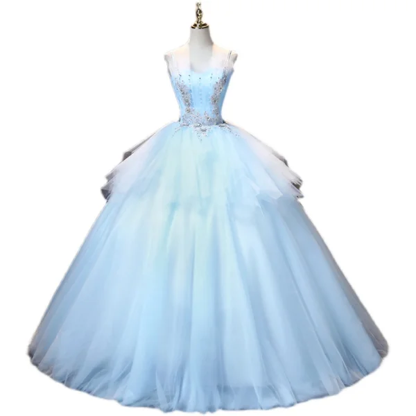 Élégant Bleu Ciel Robe De Bal 2021 Robe Boule Bretelles Spaghetti Perle Faux Diamant En Dentelle Fleur Sans Manches Dos Nu Longue Promo Robe De Ceremonie