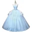 Élégant Bleu Ciel Robe De Bal 2021 Robe Boule Bretelles Spaghetti Perle Faux Diamant En Dentelle Fleur Sans Manches Dos Nu Longue Promo Robe De Ceremonie