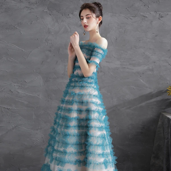 Chic / Beautiful Jade Green Glitter Ruffle Prom Dresses 2021 A-Line / Princess Off-The-Shoulder Short Sleeve Backless Floor-Length / Long Formal Dresses