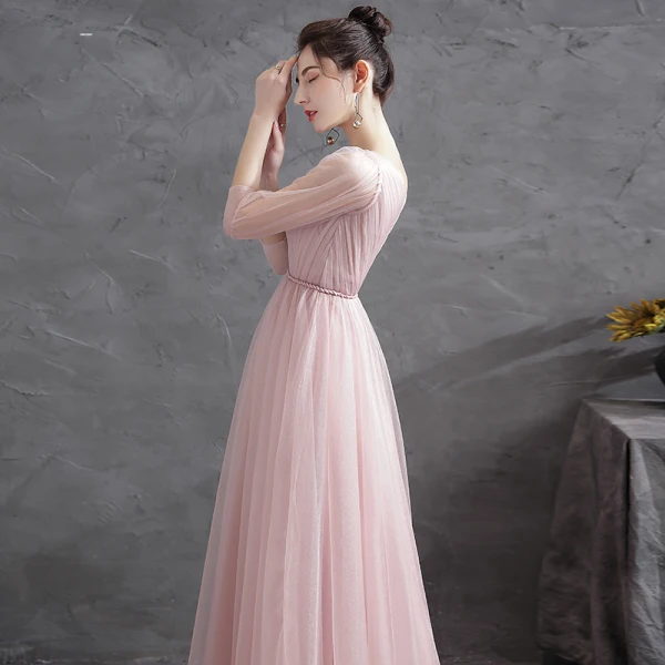 Chic / Beautiful Blushing Pink Ruffle Evening Dresses Prom Dresses 2021 A-Line / Princess V-Neck 3/4 Sleeve Backless Sash Floor-Length / Long Evening Party Formal Dresses