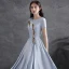 Modest  Grey Crystal Rhinestone Satin Evening Dresses  2021 A-Line / Princess Scoop Neck Short Sleeve Floor-Length / Long Evening Party Formal Dresses