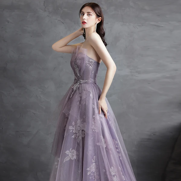 Chic / Beautiful Purple Prom Dresses Evening Dresses 2021 A-Line / Princess Strapless Sequins Lace Flower Sleeveless Backless Sweep Train Evening Party Formal Dresses