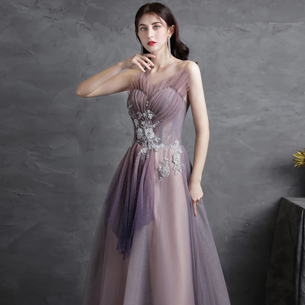 Charming Purple Lace Flower Evening Dresses Prom Dresses 2021 A-Line / Princess Ruffle Strapless Sequins Sleeveless Backless Floor-Length / Long Evening Party Prom Formal Dresses