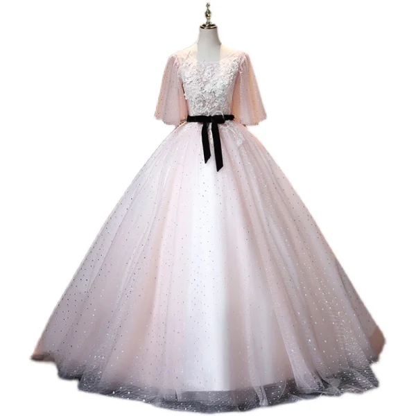 Elegant Blushing Pink Pearl Rhinestone Lace Flower Prom Dresses Ball Gown Backless 2021 Scoop Neck Bow Sash 1/2 Sleeves Floor-Length / Long Prom Formal Dresses