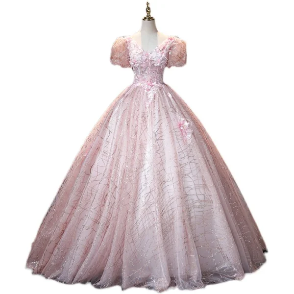 Vintage / Originale Rougissant Rose Perle Paillettes En Dentelle Fleur Robe De Bal Robe Boule 2021 V-Cou Gonflée Manches Courtes Dos Nu Longue Promo Robe De Ceremonie