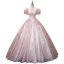 Vintage / Originale Rougissant Rose Perle Paillettes En Dentelle Fleur Robe De Bal Robe Boule 2021 V-Cou Gonflée Manches Courtes Dos Nu Longue Promo Robe De Ceremonie