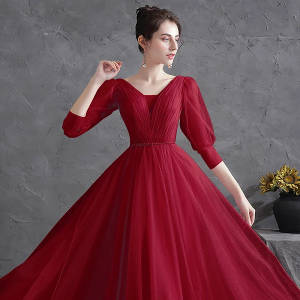 Chic / Beautiful Burgundy Prom Dresses 2021 A-Line / Princess V-Neck 3/4 Sleeve Sash Floor-Length / Long Prom Formal Dresses