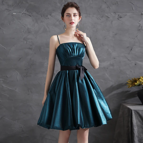 Modern / Fashion Ink Blue Party Dresses 2021 A-Line / Princess Spaghetti Straps Bow Sleeveless Short Backless Formal Dresses