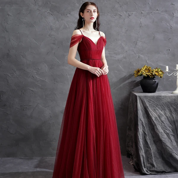 Chic / Beautiful Burgundy Puffy Prom Dresses 2021 A-Line / Princess Spaghetti Straps Short Sleeve Backless Sash Floor-Length / Long Formal Dresses