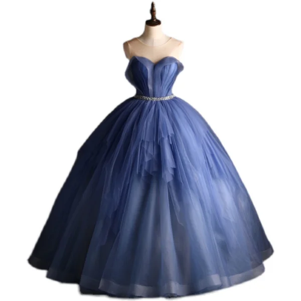 Elegant Ocean Blue Prom Dresses 2021 Ball Gown Scoop Neck Beading Sequins Sash Sleeveless Backless Floor-Length / Long Prom Formal Dresses