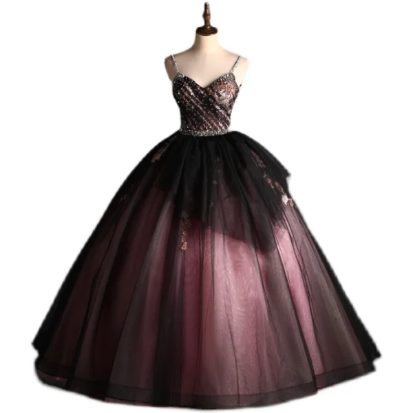 Elegant Black Red Prom Dresses 2021 Ball Gown Spaghetti Straps Beading Pearl Sequins Lace Flower Sleeveless Backless Floor-Length / Long Formal Dresses