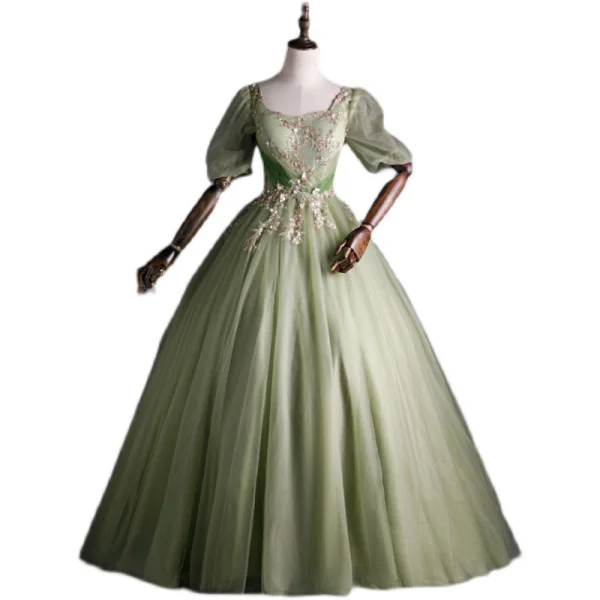 Elegant Sage Green Prom Dresses 2021 Ball Gown Square Neckline Pearl Sequins Lace Flower Short Sleeve Backless Floor-Length / Long Prom Formal Dresses