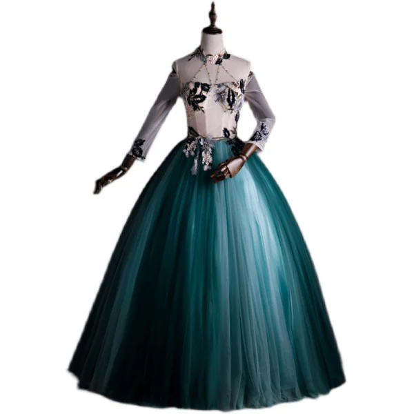 Elegant Jade Green Prom Dresses 2021 Ball Gown High Neck Pearl Rhinestone Lace Flower Beading Long Sleeve Backless Floor-Length / Long Prom Formal Dresses