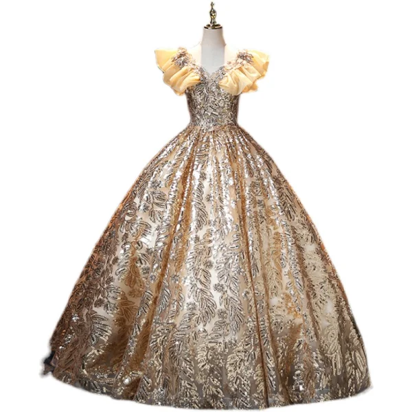 Sparkly Gold Sequins Prom Dresses 2021 Ball Gown V-Neck Lace Flower Rhinestone Ruffle Short Sleeve Backless Floor-Length / Long Prom Formal Dresses