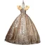 Sparkly Gold Sequins Prom Dresses 2021 Ball Gown V-Neck Lace Flower Rhinestone Ruffle Short Sleeve Backless Floor-Length / Long Prom Formal Dresses