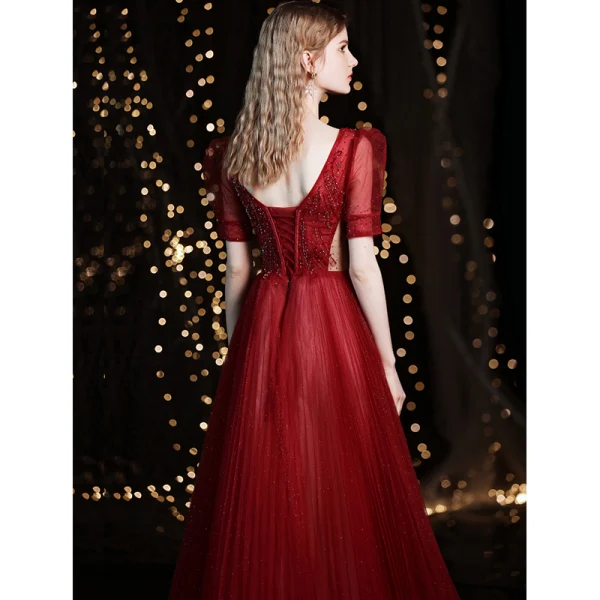 Chic / Beautiful Burgundy Glitter Prom Dresses 2021 A-Line / Princess V-Neck Beading Rhinestone Sequins Short Sleeve Backless Floor-Length / Long Formal Dresses