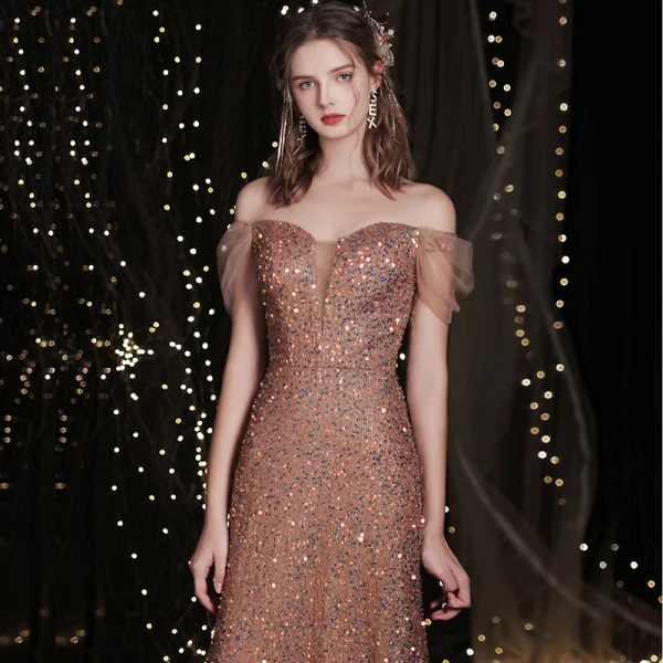 Scintillantes Or Rose Glitter Robe De Soirée 2021 Trompette / Sirène De l'épaule Paillettes Manches Courtes Dos Nu Longue Soirée Robe De Ceremonie