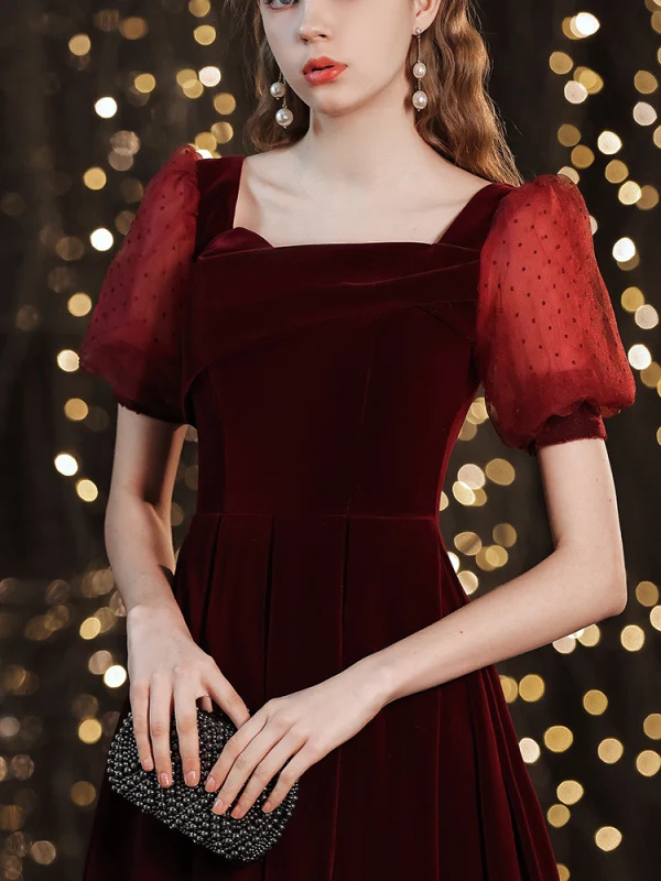 Modest / Simple Burgundy Suede Evening Dresses  2021 A-Line / Princess Square Neckline Short Sleeve Backless Floor-Length / Long Evening Party Formal Dresses