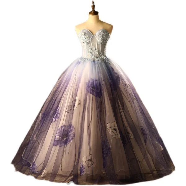 Chic / Beautiful Flower Fairy Purple Glitter Prom Dresses 2021 Ball Gown Strapless Beading Lace Flower Sleeveless Backless Floor-Length / Long Prom